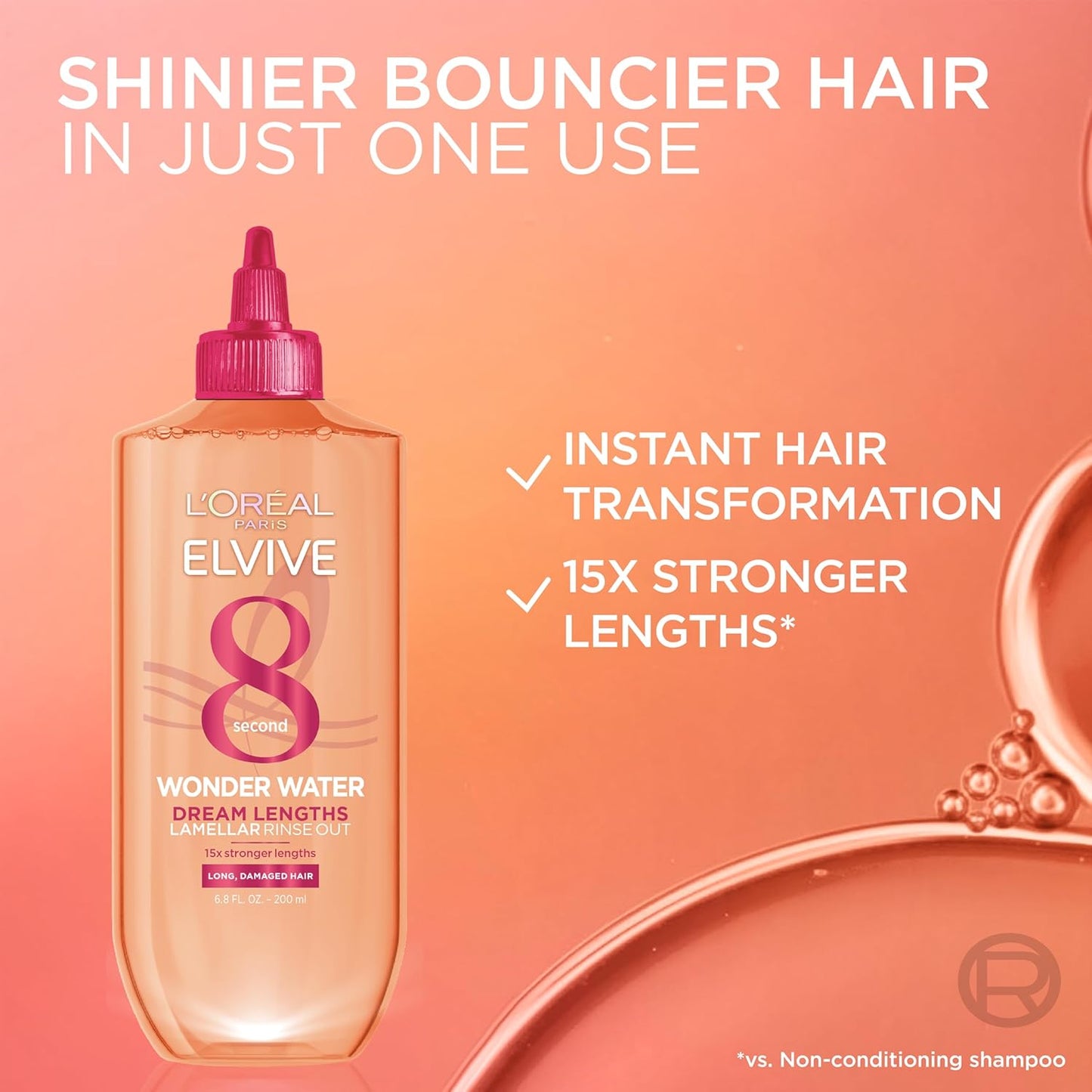 L'Oreal Paris 8-Second Wonder Water, Detangling Micellar Rinse-Out For Long Hair, Lamellar Water Technology for Sleek and Smooth Lengths, Silicone Free, 200 ml.