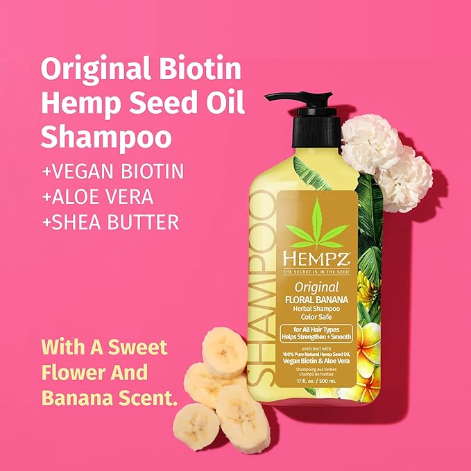 HEMPZ Light Floral & Banana Original Herbal Hair Shampoo - Enriching Hydration to Prevent Frizz, Enhance Shine with Natural Extracts - 17 Fl OZ