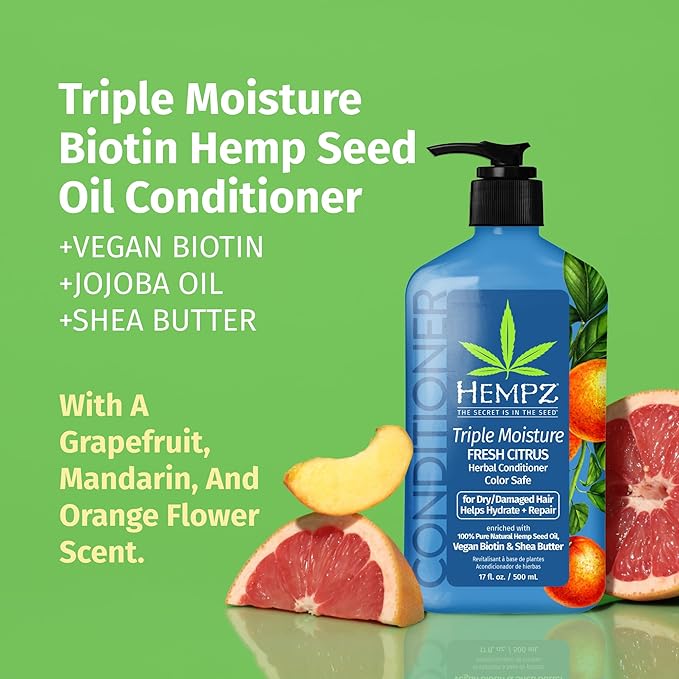 HEMPZ Peach & Grapefruit Triple Moisture Herbal Hair Conditioner - Moisturizing Gentle Conditioner to Nourish and Hydrate Hair - 17 Fl OZ