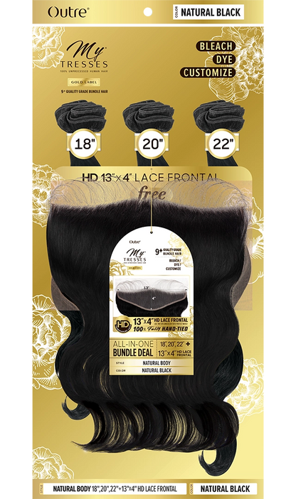 OUTRE My Tresses Gold Label  Unprocessed Human Hair - BODY WAVE + 13X4 HD LACE CLOSURE 10",12",14"