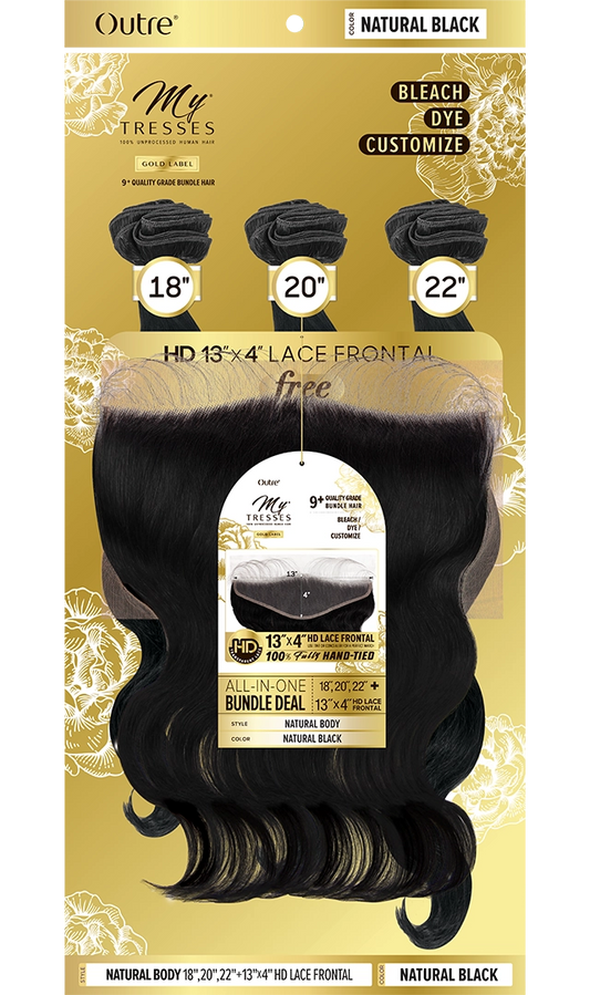 OUTRE My Tresses Gold Label  Unprocessed Human Hair - BODY WAVE + 13X4 HD LACE CLOSURE 10",12",14"