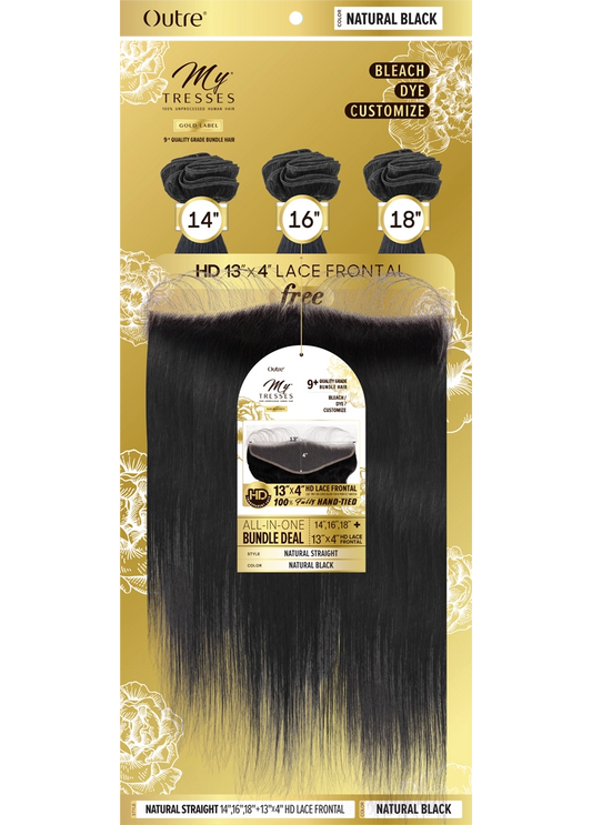OUTRE My Tresses Gold Label  Unprocessed Human Hair - STRAIGHT + 13X4 HD LACE CLOSURE 14"16"18"